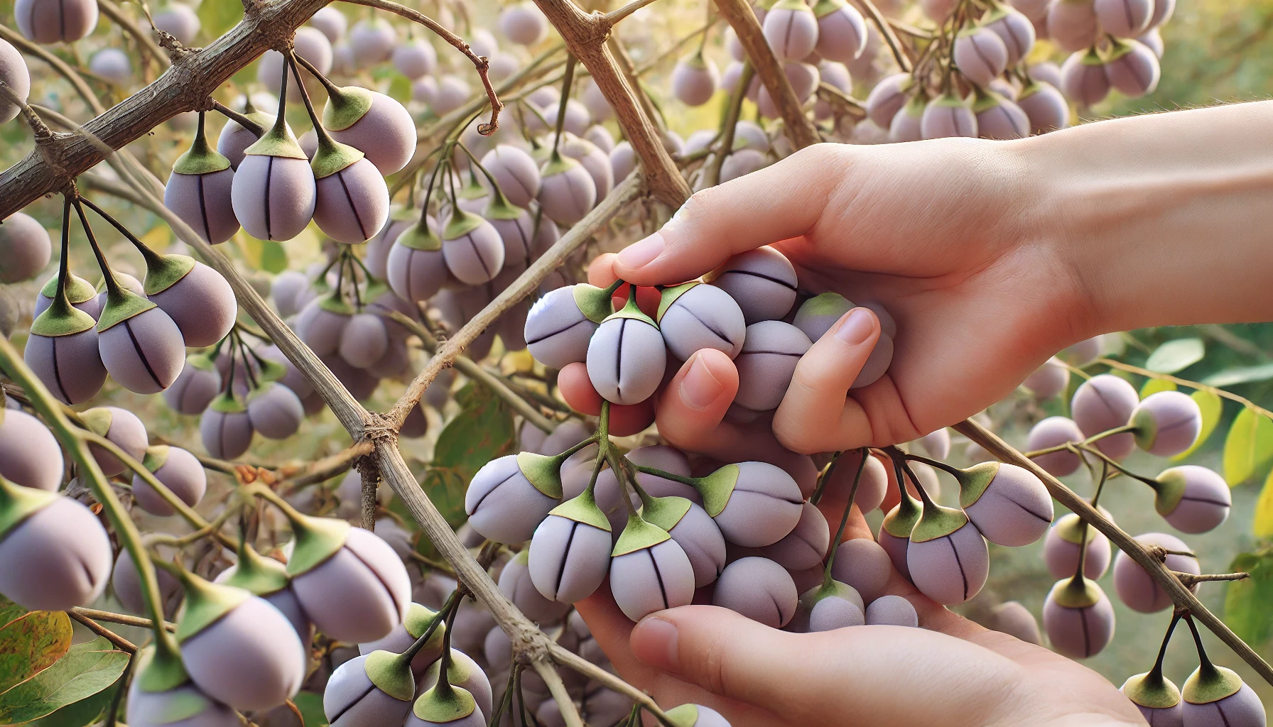 Ein Bild, das die Ernte reifer Akebie-Früchte im Spätsommer zeigt. Die Früchte sind weich und leicht geöffnet, bereit zur Ernte. Eine Hand pflückt eine der Früchte behutsam vom Zweig.