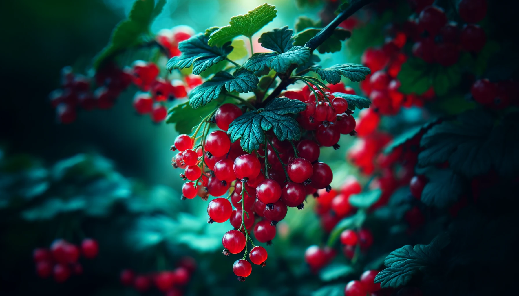 Nahaufnahme der Früchte der Alpen-Johannisbeere im Sommer. Die leuchtend roten Beeren hängen in dichten Trauben an den Zweigen und sind umgeben von tiefgrünen Blättern.