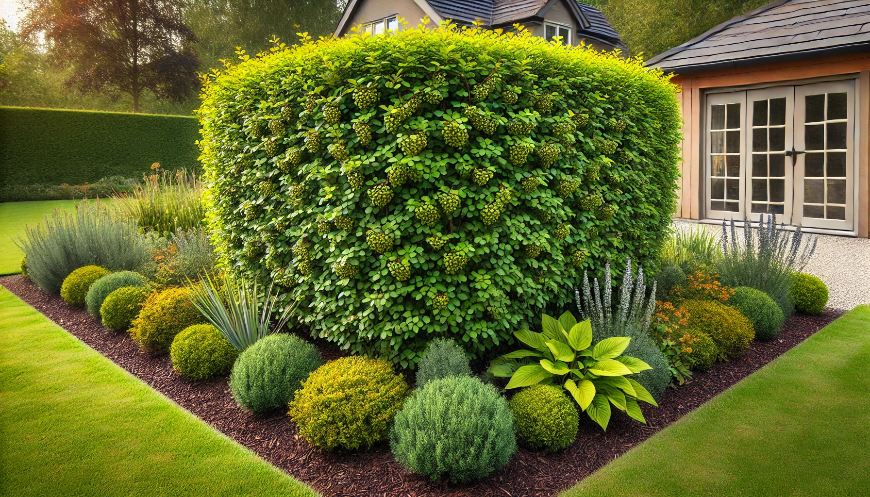 Eine Hecke aus Alpen-Johannisbeeren, die einen Garten umrandet. Die Pflanzen sind dicht gewachsen und sauber geschnitten, wodurch sie einen effektiven Sichtschutz bieten.