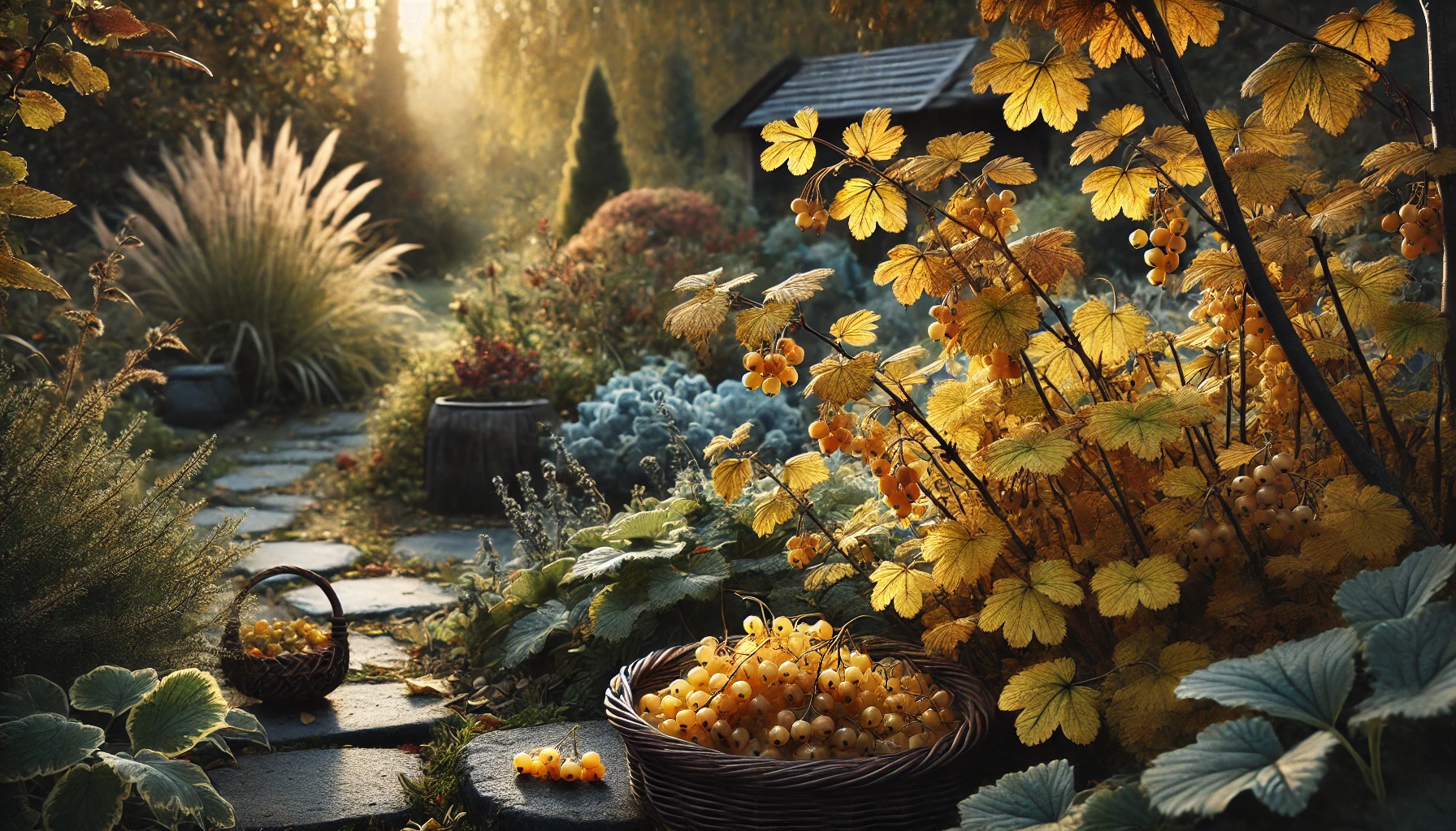 Ein Garten im Herbst, wo die Blätter der Alpen-Johannisbeere beginnen, eine goldgelbe Farbe anzunehmen. Die Szenerie zeigt die Pflanze im Übergang zum Winter, mit abgeernteten Beeren.