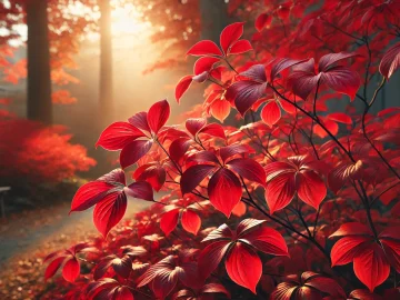 Dieses Bild zeigt den Strauch in seiner herbstlichen Pracht, mit leuchtend roten Blättern, die in der Sonne schimmern. Die Farben wirken besonders intensiv vor dem Hintergrund eines leicht bewölkten Himmels.