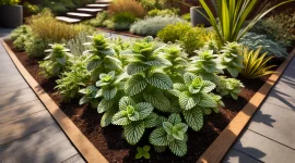 Ein sonniger Gartenbereich, in dem Ananasminze in einem gut vorbereiteten Beet wächst. Die Pflanzen zeigen ihre charakteristischen grün-weißen Blätter und wachsen kräftig. Der Boden ist gut durchlässig, und die Umgebung strahlt eine ruhige, gepflegte Atmosphäre aus.