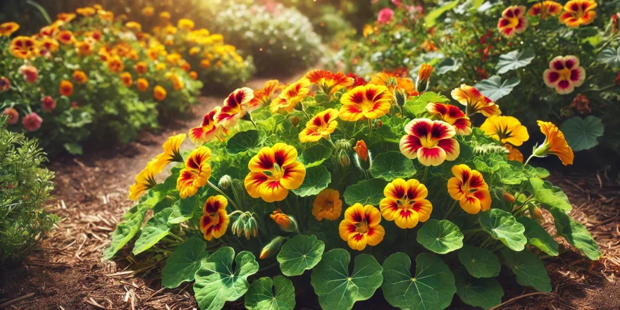 Ein blühendes Beet mit Kapuzinerkresse in einem sonnigen Garten. Die leuchtenden Blüten in Gelb, Orange und Rot kontrastieren mit den grünen Blättern, während der Boden leicht mit Mulch bedeckt ist. Im Hintergrund sind weitere Gartenpflanzen zu sehen.