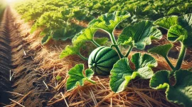 Ein sonniger Garten mit einem gesunden Melonenbeet. Die kräftigen, grünen Blätter der Melonenpflanzen breiten sich über den Boden aus, während die jungen Melonenfrüchte zwischen den Blättern hervorblitzen. Der Boden ist mit einer dünnen Schicht Stroh gemulcht.