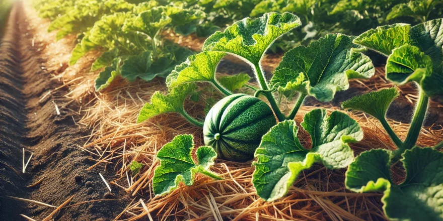 Ein sonniger Garten mit einem gesunden Melonenbeet. Die kräftigen, grünen Blätter der Melonenpflanzen breiten sich über den Boden aus, während die jungen Melonenfrüchte zwischen den Blättern hervorblitzen. Der Boden ist mit einer dünnen Schicht Stroh gemulcht.