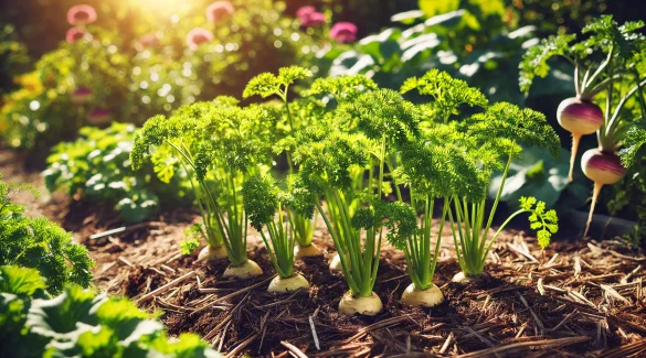 Ein Pastinakenbeet in einem sonnigen Garten. Die grünen Blätter der Pastinakenpflanzen ragen aus dem lockeren, braunen Boden heraus, der gut mit Mulch bedeckt ist. Im Hintergrund sind weitere Gartenpflanzen zu sehen.