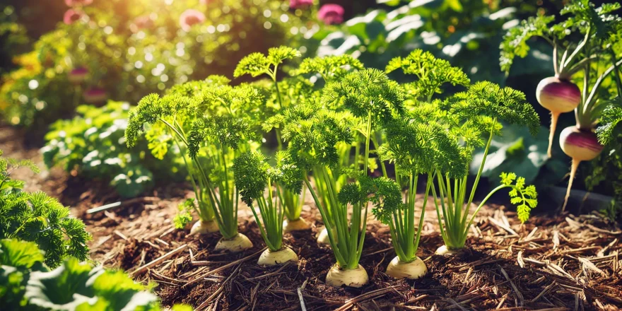 Ein Pastinakenbeet in einem sonnigen Garten. Die grünen Blätter der Pastinakenpflanzen ragen aus dem lockeren, braunen Boden heraus, der gut mit Mulch bedeckt ist. Im Hintergrund sind weitere Gartenpflanzen zu sehen.