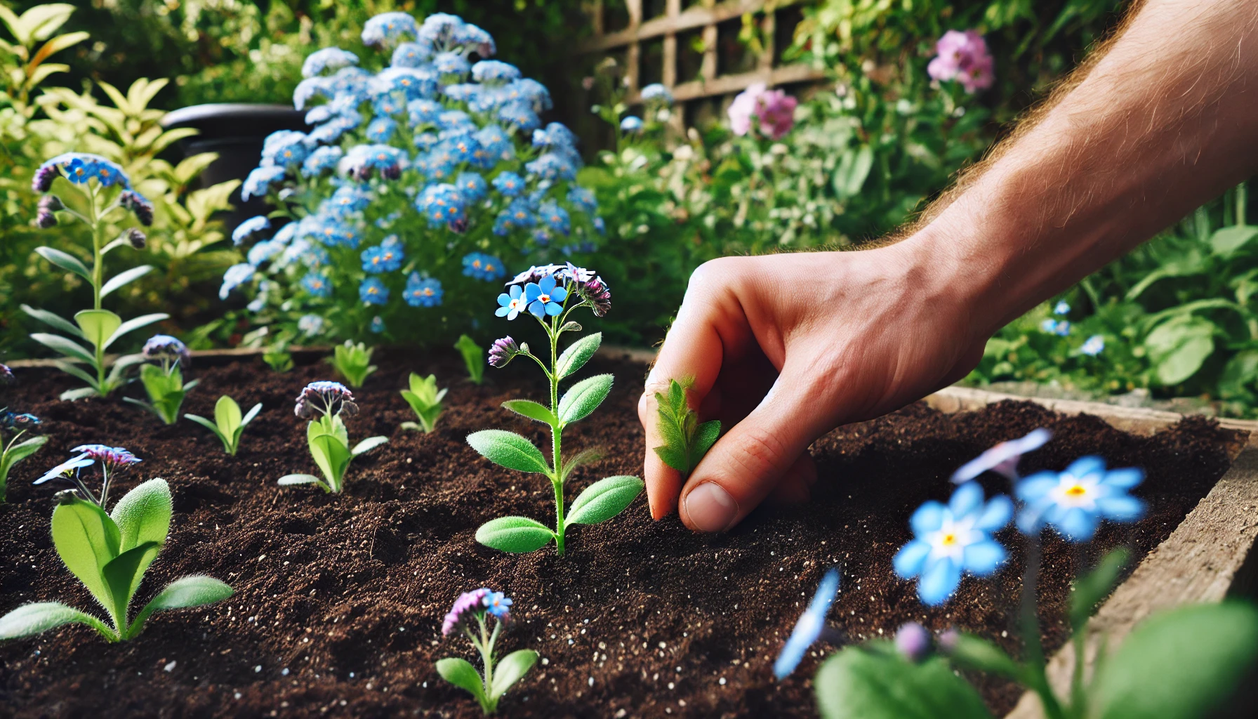 Ein gut vorbereitetes Gartenbeet, in das gerade junge Vergissmeinnicht-Pflanzen gesetzt werden. Die Erde ist locker und feucht, und eine Hand pflanzt die kleinen Setzlinge behutsam ein. Im Hintergrund ist ein weiterer Bereich mit blühenden Vergissmeinnicht zu sehen.