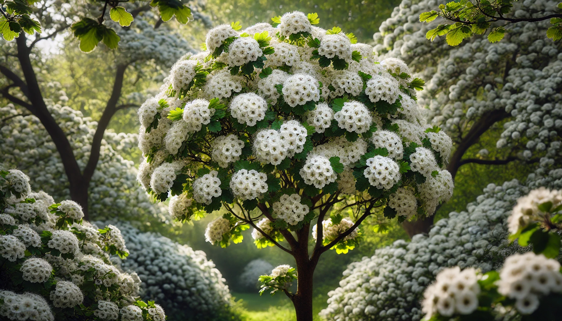 Ein blühender Apfeldorn im Garten, mit zahlreichen weißen Blüten, die sich gegen das frische grüne Laub abheben. Der Baum steht in voller Pracht und ist von Sonnenlicht durchflutet.