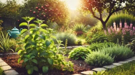 Eine sonnenbeschienene Gartenlandschaft mit einem sorgfältig gepflegten Beet, in dem Apfelminze in voller Pracht wächst. Im Hintergrund sind Obstbäume und ein kleiner Gartenweg zu sehen.