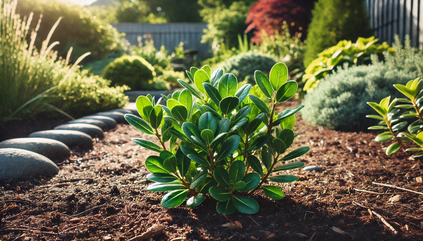 Eine gesunde Bärentraube-Pflanze in einem sonnigen Gartenbeet. Die glänzenden, grünen Blätter breiten sich flach über den Boden aus, umgeben von lockerer, gut durchlässiger Erde. Im Hintergrund sind weitere Gartenpflanzen und eine schützende Steinmauer sichtbar.