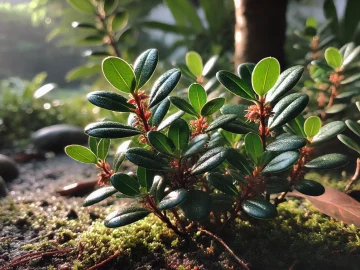 Nahaufnahme der Bärentraube-Blätter, die in der Sonne glänzen. Die Blätter sind dunkelgrün und lederartig, mit kleinen rosafarbenen Blüten, die an den Spitzen der Triebe zu sehen sind. Der Boden ist leicht feucht, und im Hintergrund ist ein schattiger Bereich des Gartens erkennbar.