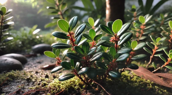 Nahaufnahme der Bärentraube-Blätter, die in der Sonne glänzen. Die Blätter sind dunkelgrün und lederartig, mit kleinen rosafarbenen Blüten, die an den Spitzen der Triebe zu sehen sind. Der Boden ist leicht feucht, und im Hintergrund ist ein schattiger Bereich des Gartens erkennbar.