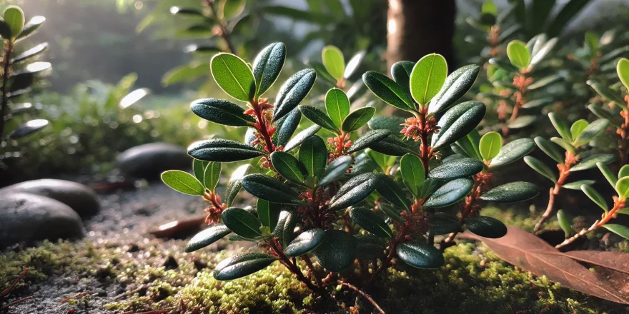 Nahaufnahme der Bärentraube-Blätter, die in der Sonne glänzen. Die Blätter sind dunkelgrün und lederartig, mit kleinen rosafarbenen Blüten, die an den Spitzen der Triebe zu sehen sind. Der Boden ist leicht feucht, und im Hintergrund ist ein schattiger Bereich des Gartens erkennbar.