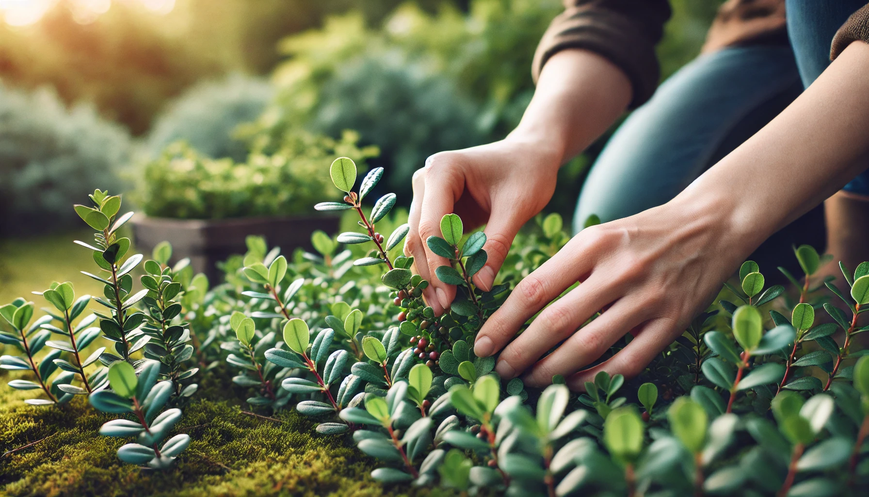 Ein Gärtner erntet die Blätter der Bärentraube. Die Hände des Gärtners schneiden die Blätter vorsichtig ab, während die Pflanze in einem gepflegten Gartenbeet wächst. Im Hintergrund sind weitere Bärentraube-Pflanzen und ein Gartenweg sichtbar.