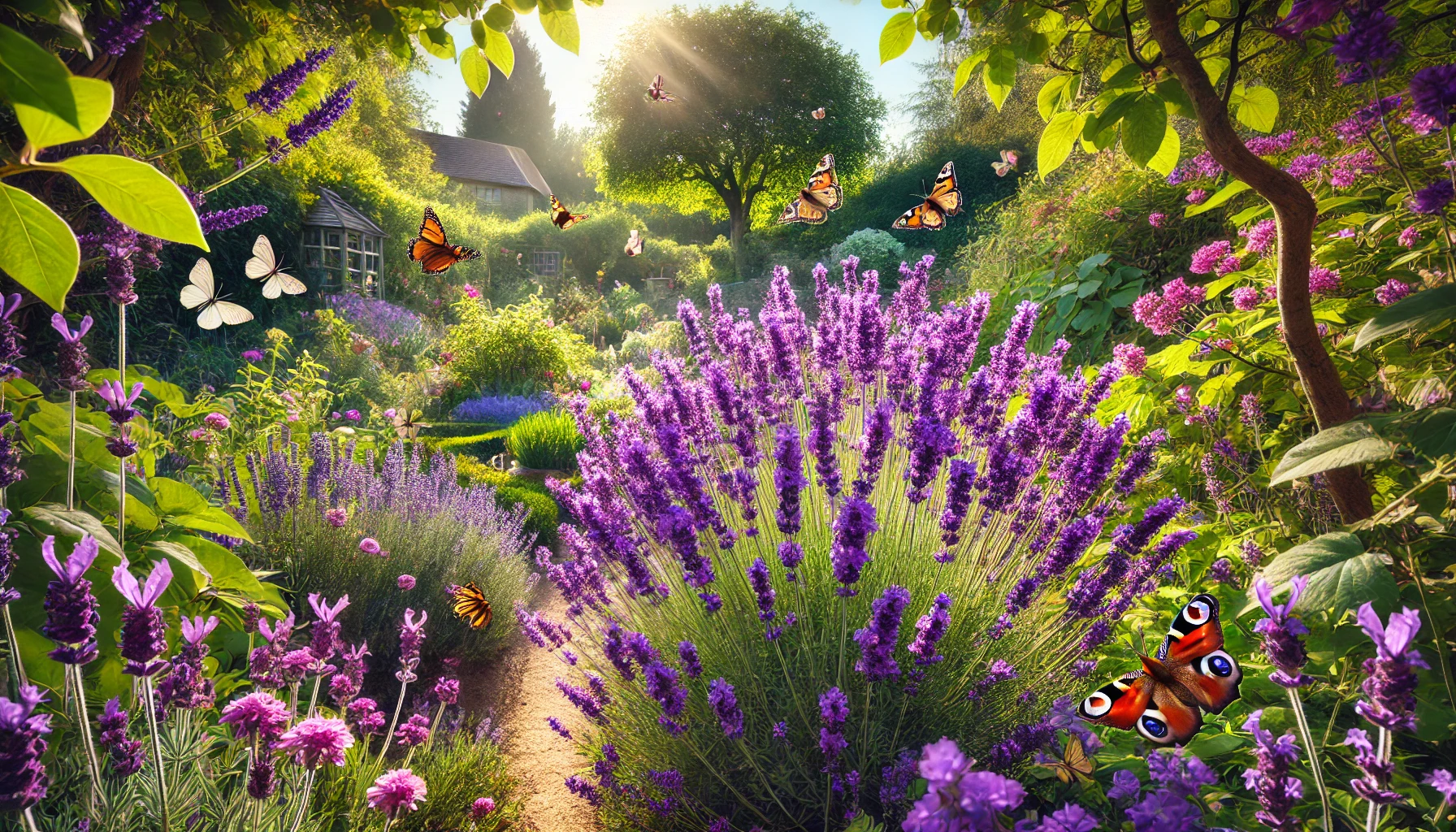 Ein dicht blühender Lavendelstrauch, umgeben von Schmetterlingen und Bienen, die von den violetten Blüten angezogen werden. Im Hintergrund ist ein gut strukturierter Garten zu sehen, der sowohl sonnige als auch schattige Bereiche bietet.