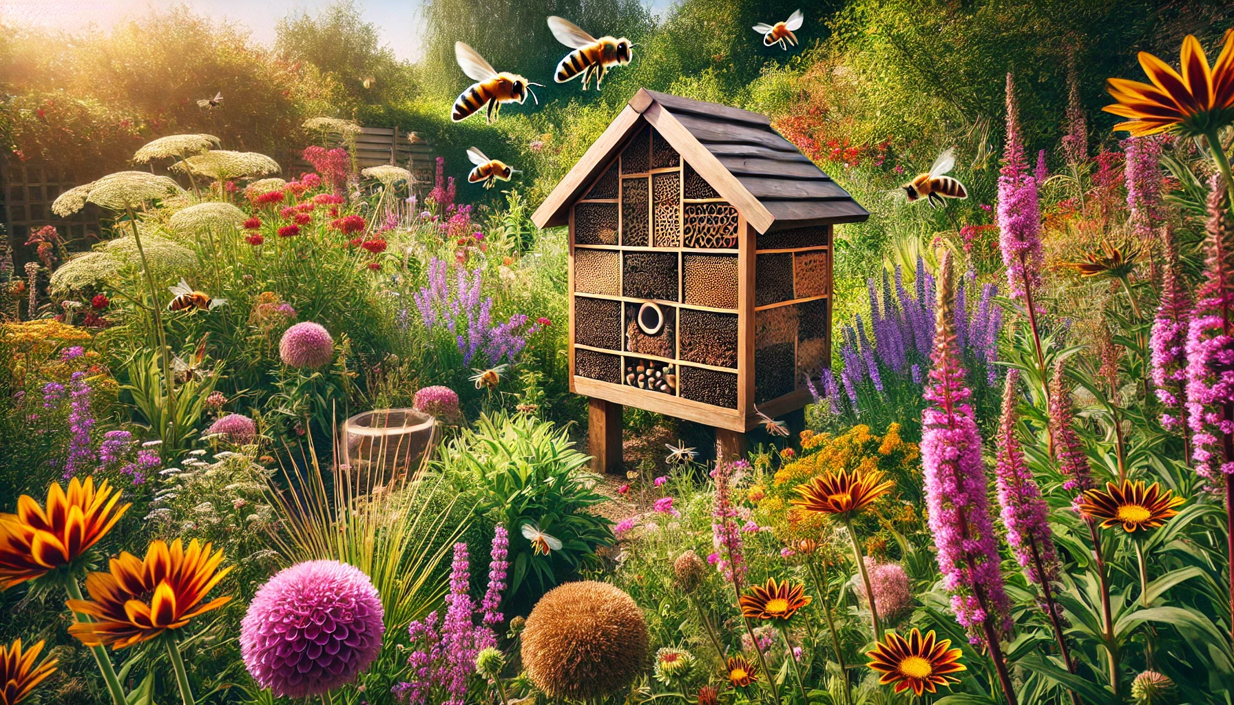 Ein gut gefülltes Insektenhotel, das an einem sonnigen, windgeschützten Platz im Garten steht. Rundherum blühen verschiedene Stauden, und Wildbienen fliegen ein und aus.