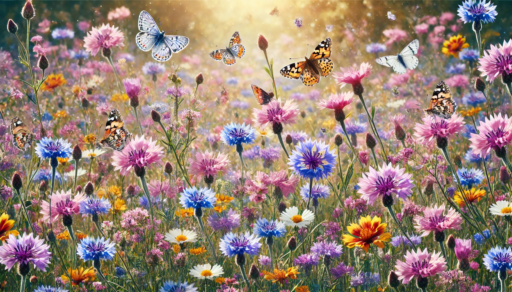 Eine natürliche Wildblumenwiese mit verschiedenen blühenden Pflanzen wie Wiesen-Flockenblume und Schafgarbe, über der mehrere Schmetterlinge im Flug zu sehen sind.