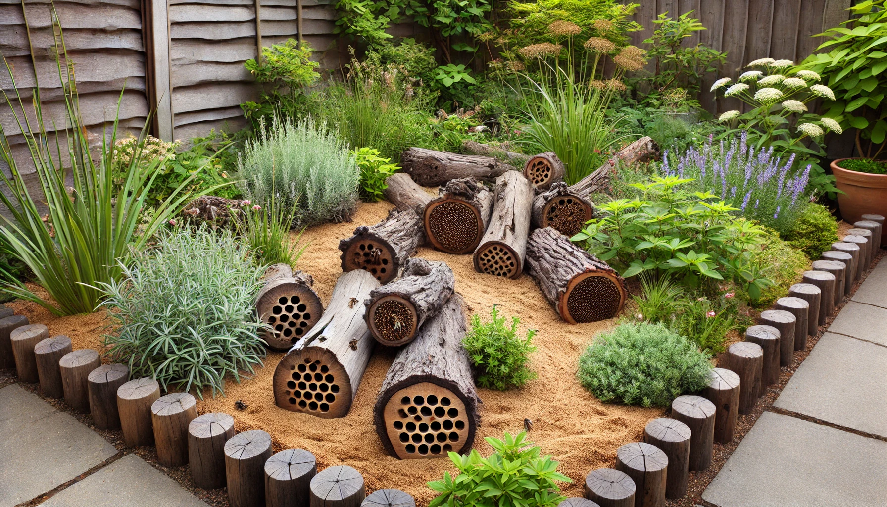 Ein ruhiger Gartenecke mit Sandflächen und Totholz, die als Nistplätze für Wildbienen dienen. Kleine Bienen sind dabei zu sehen, wie sie sich in den Löchern des Holzes niederlassen.