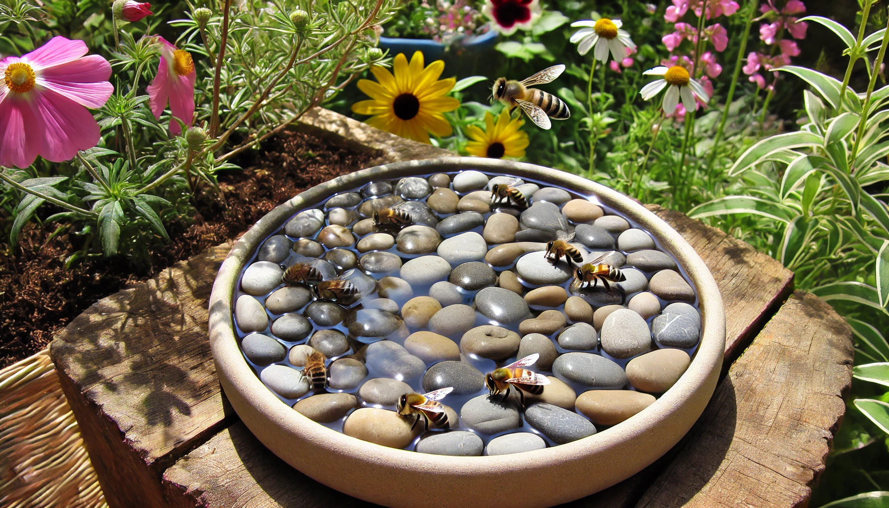 Ein ruhiger Gartenecke mit Sandflächen und Totholz, die als Nistplätze für Wildbienen dienen. Kleine Bienen sind dabei zu sehen, wie sie sich in den Löchern des Holzes niederlassen.