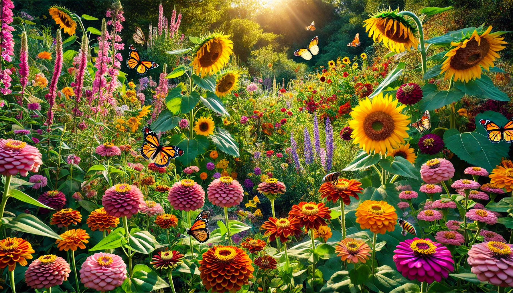 Ein sonniger Teil des Gartens mit einer Vielzahl blühender Pflanzen, darunter Sonnenhut und Zinnien, die von Schmetterlingen und Bienen besucht werden. Die Farben und die Lebendigkeit der Blüten machen den Garten zu einem echten Bestäuberparadies.