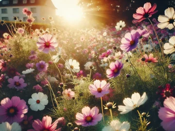 Ein sonniges Blumenbeet mit mehreren Cosmea-Pflanzen in voller Blüte. Die zarten Blüten in Pink, Weiß und Violett tanzen im leichten Wind, während die Sonne die Farben zum Leuchten bringt.