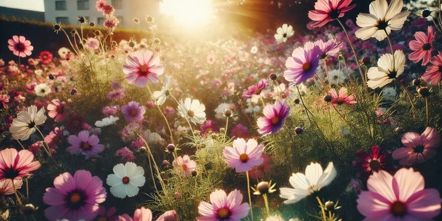 Ein sonniges Blumenbeet mit mehreren Cosmea-Pflanzen in voller Blüte. Die zarten Blüten in Pink, Weiß und Violett tanzen im leichten Wind, während die Sonne die Farben zum Leuchten bringt.
