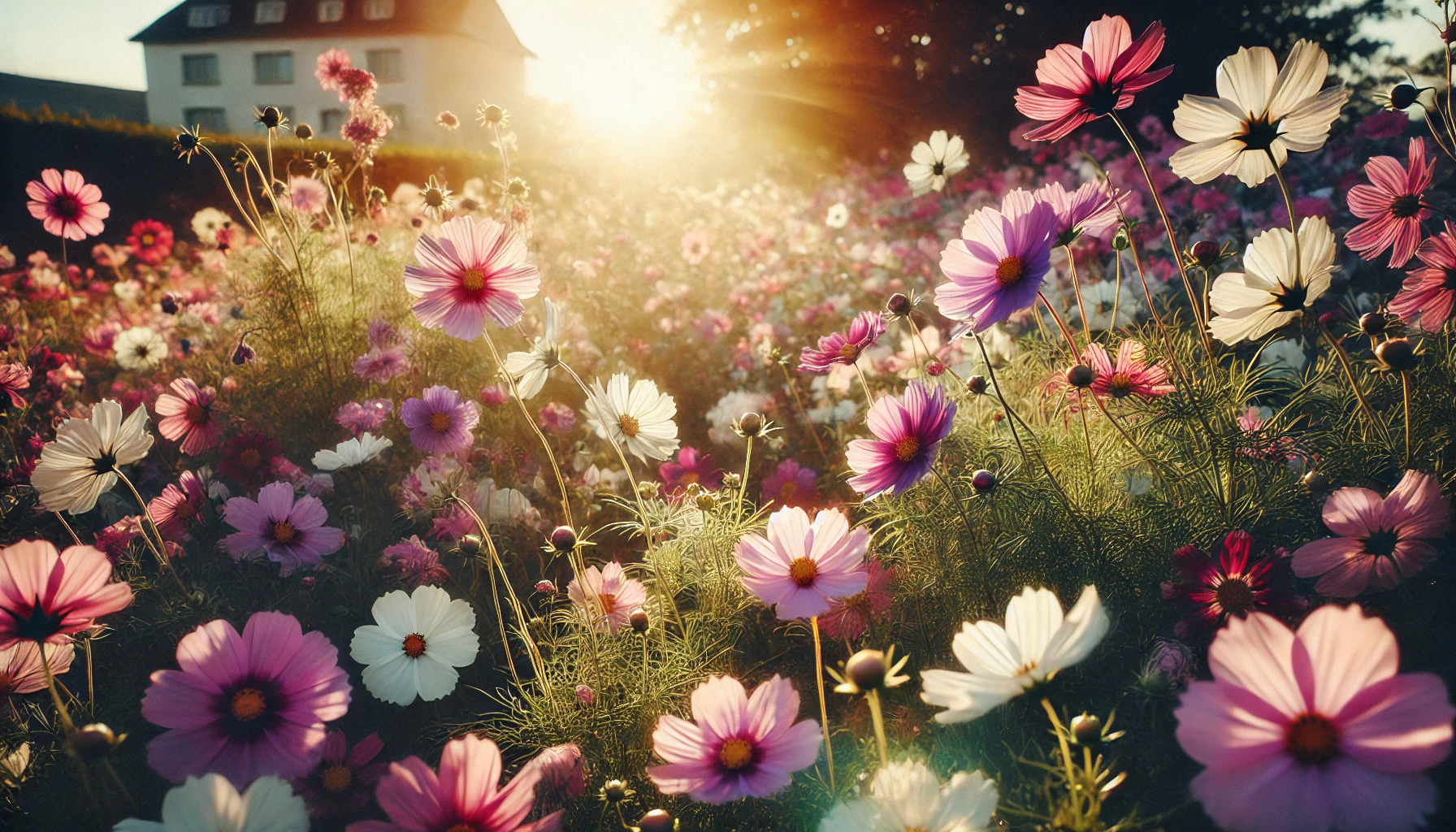 Ein sonniges Blumenbeet mit mehreren Cosmea-Pflanzen in voller Blüte. Die zarten Blüten in Pink, Weiß und Violett tanzen im leichten Wind, während die Sonne die Farben zum Leuchten bringt.