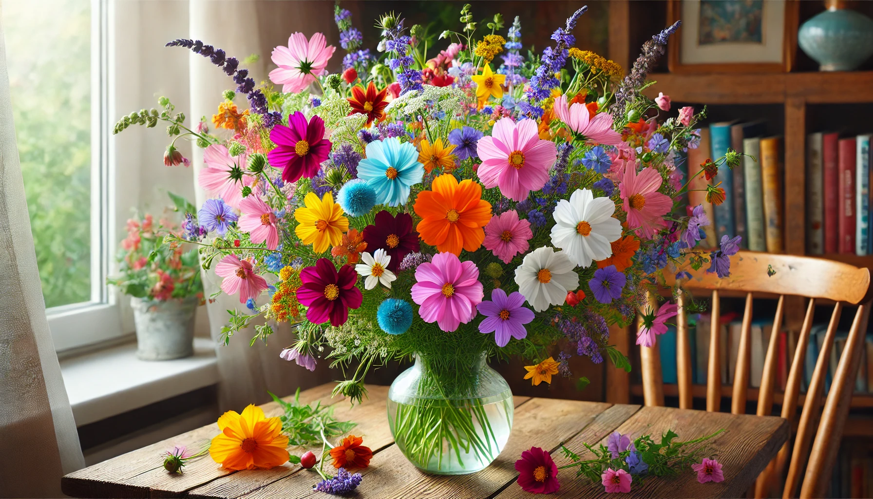 Ein Strauß aus verschiedenen Sommerblumen, in dem Cosmea-Blüten in leuchtenden Farben dominieren. Der Strauß steht in einer Vase auf einem Holztisch und bringt frische Farben in den Raum.