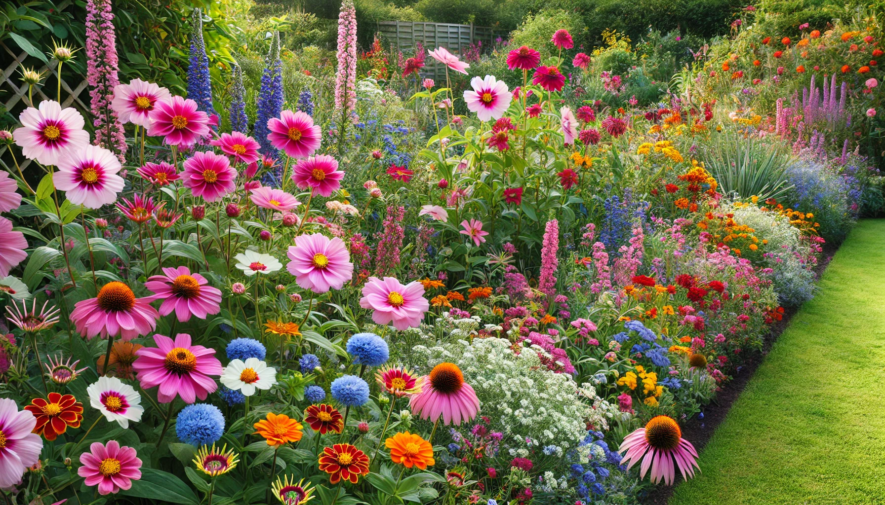 Eine prächtige Blumenrabatte, in der Cosmea mit anderen Sommerblumen wie Zinnien und Sonnenhut kombiniert wurde. Die unterschiedlichen Höhen und Farben der Blumen schaffen ein harmonisches und lebendiges Gesamtbild.