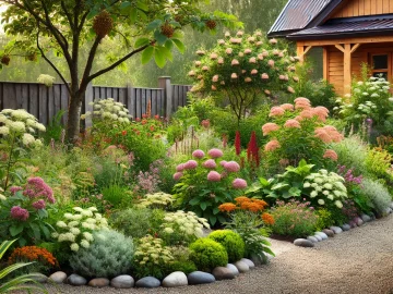 Ein Vorgarten, der durch seine naturnahe Gestaltung besticht. Wildblumen und heimische Sträucher wie Felsenbirne und Holunder bilden eine üppige, aber harmonische Pflanzung. Ein einfacher Kiesweg führt durch den Garten, der von einem rustikalen Holzzaun umgeben ist. Die Szene wirkt lebendig und natürlich.