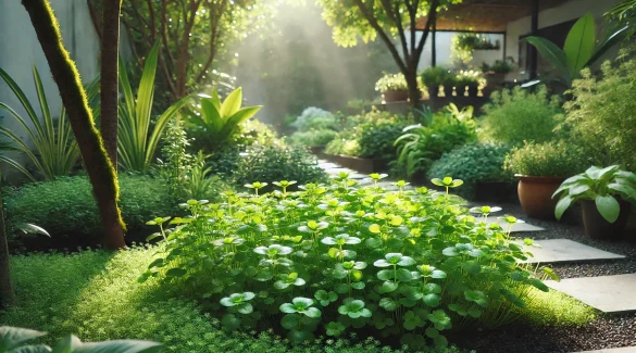 Ein üppiges Löffelkraut-Beet in einem schattigen Gartenbereich. Die Pflanzen sind gesund und kräftig, ihre grünen Blätter leuchten im gedämpften Sonnenlicht. Im Hintergrund ist ein gepflegter Garten mit weiteren Kräuterbeeten zu sehen.