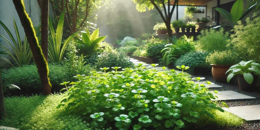 Ein üppiges Löffelkraut-Beet in einem schattigen Gartenbereich. Die Pflanzen sind gesund und kräftig, ihre grünen Blätter leuchten im gedämpften Sonnenlicht. Im Hintergrund ist ein gepflegter Garten mit weiteren Kräuterbeeten zu sehen.