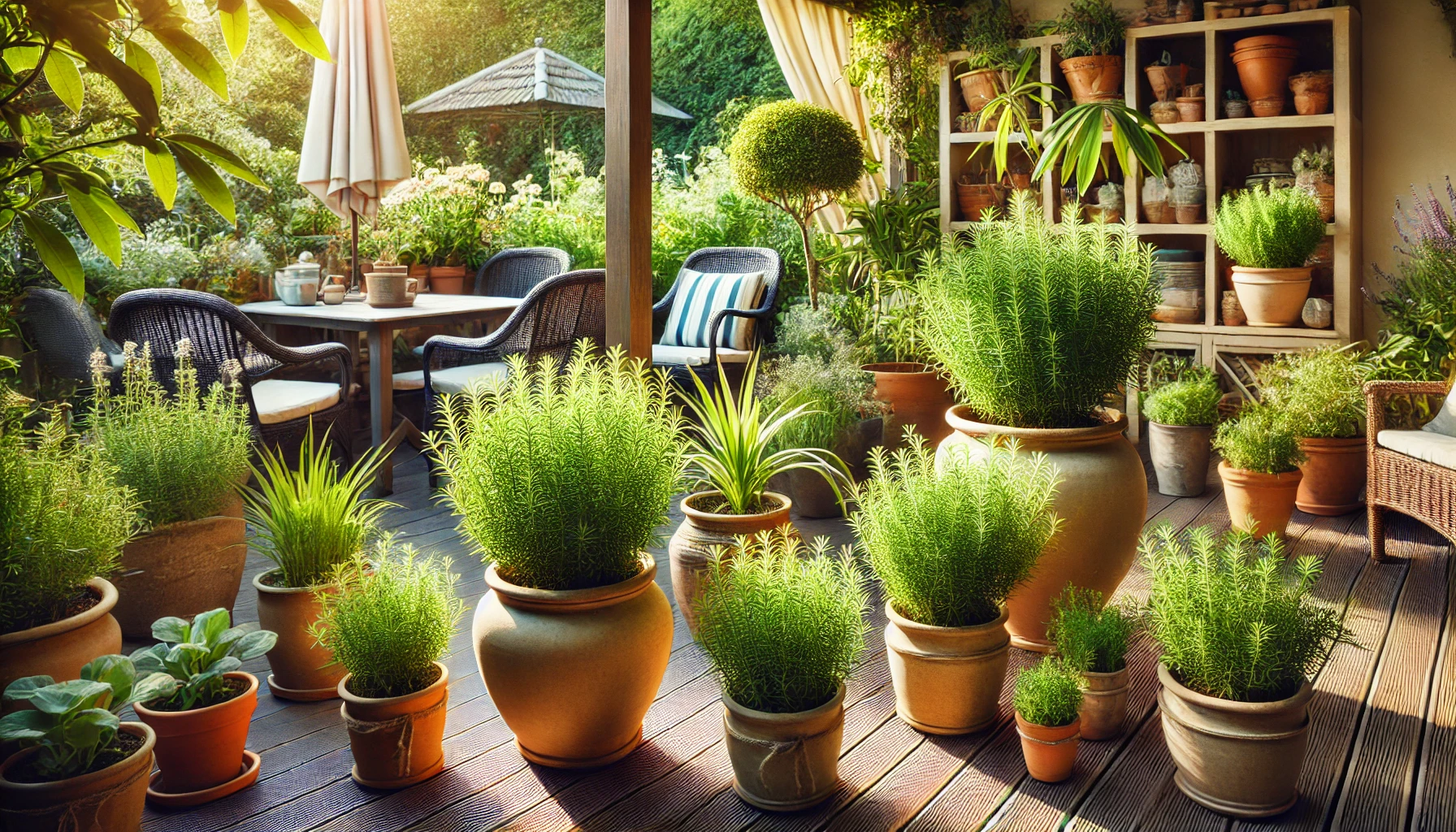 Estragonpflanzen in Töpfen auf einer Terrasse – Eine sonnige Terrasse mit mehreren Töpfen, in denen Estragonpflanzen wachsen. Die Pflanzen sind gesund und gut gepflegt, und die Umgebung ist liebevoll gestaltet, mit zusätzlichen Pflanzen und Gartenmöbeln, die eine gemütliche Atmosphäre schaffen.