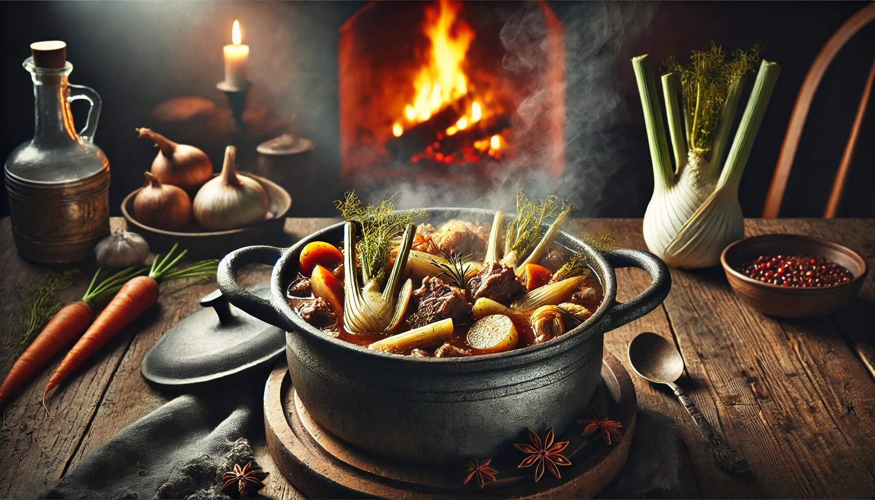 Ein winterlicher Fenchel-Eintopf mit Lammfleisch, dampfend und heiß serviert in einem schweren, rustikalen Topf. Der Eintopf ist mit Fenchelblättern garniert, und im Hintergrund brennt ein Kaminfeuer, das Wärme und Gemütlichkeit vermittelt.