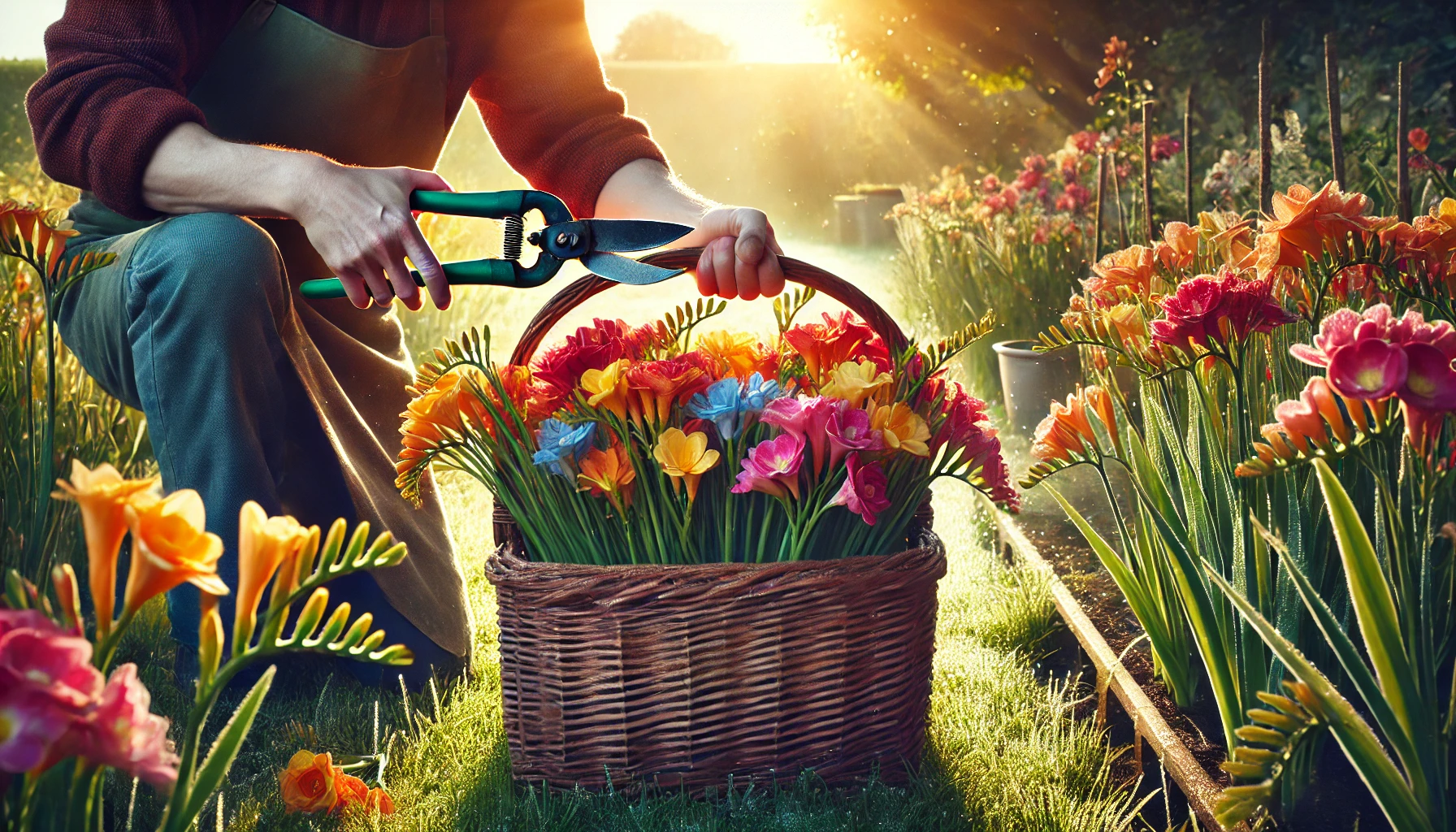 Ernte von Freesienblüten am frühen Morgen, mit einer Gartenschere und einem Korb voller bunter Blütenstängel.