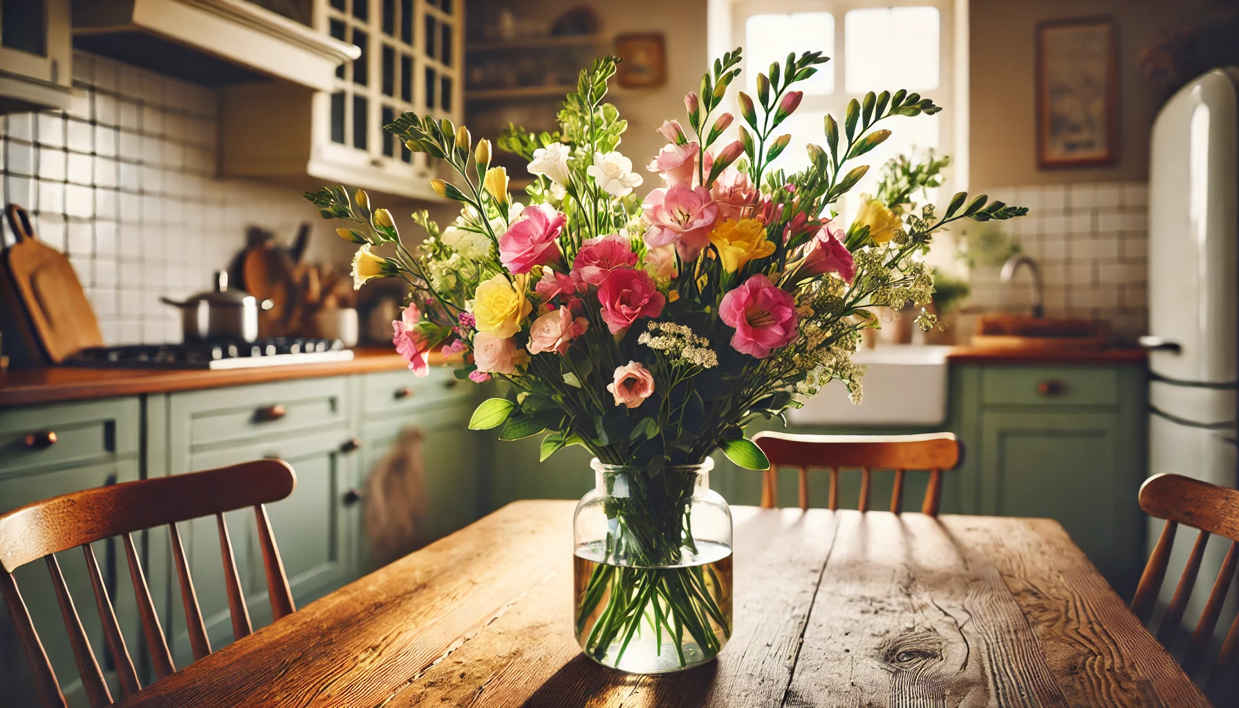 Küchenszene mit einem Blumenstrauß aus frisch geschnittenen Freesien, der eine frische, einladende Atmosphäre schafft.