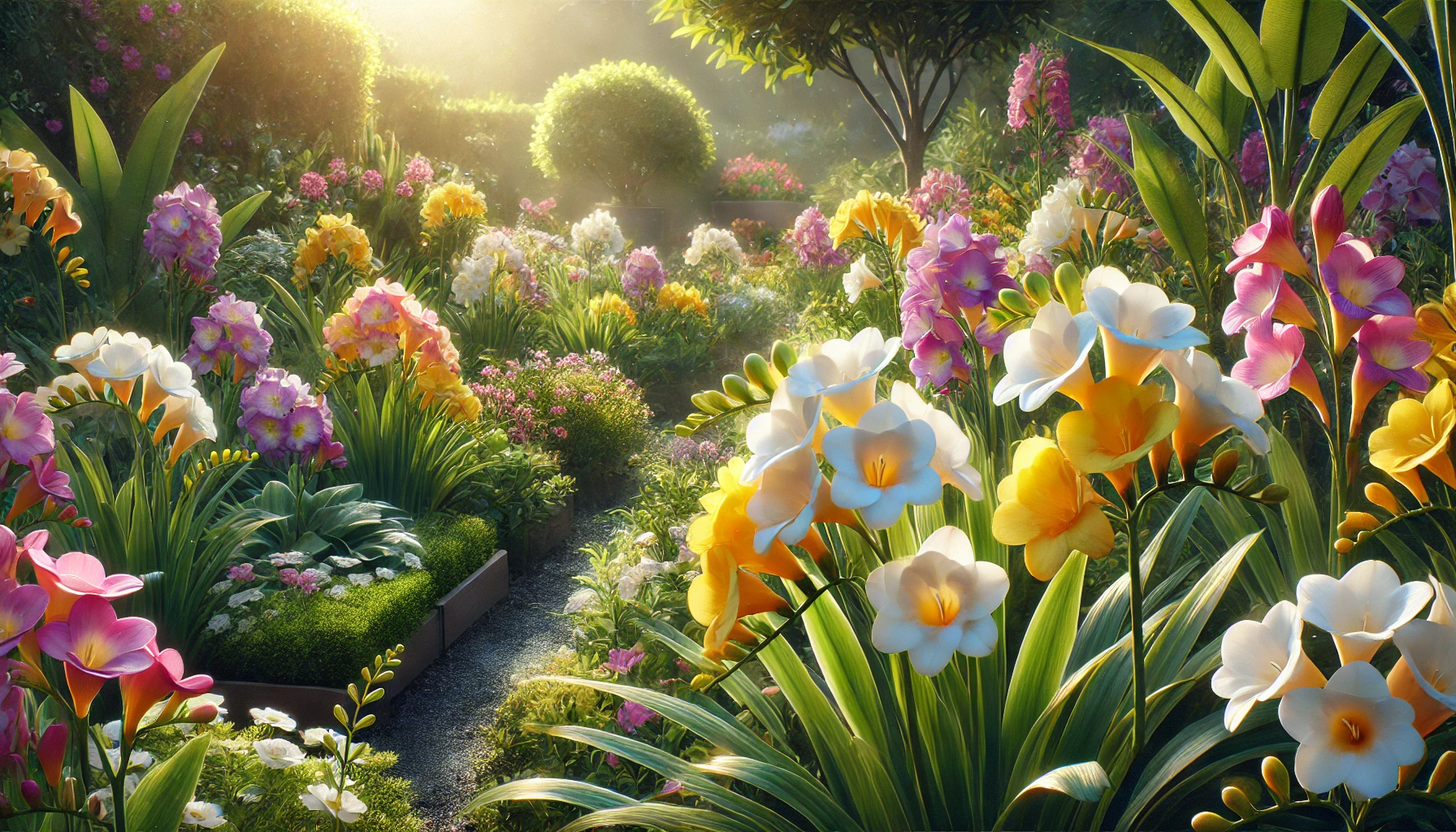 Freesien in voller Blüte in einem gepflegten Garten, mit bunten, duftenden Blüten und gesundem Laub, bei strahlendem Sonnenschein.