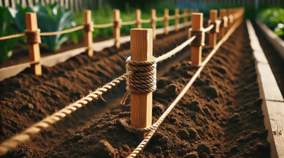 Eine Nahaufnahme eines frisch abgesteckten Gemüsebeets, bei dem Gartenschnur zwischen stabilen Holzpfählen gespannt ist. Das Beet ist klar definiert, und die gerade Linie der Schnur hebt die präzise Planung hervor.