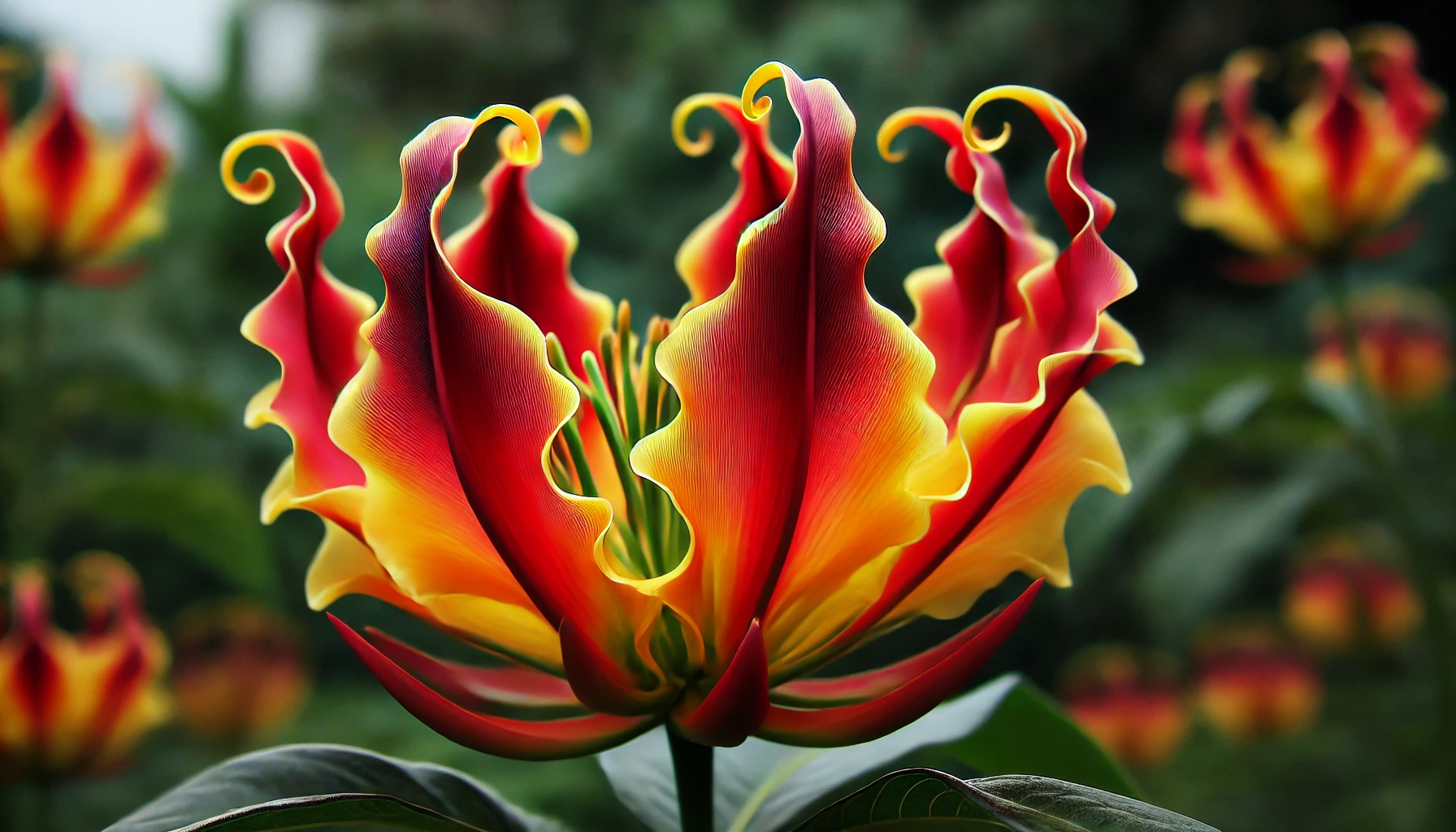 Nahaufnahme einer Gloriosa-Blüte, die die leuchtenden Farben und die einzigartige Blütenform detailliert zeigt.