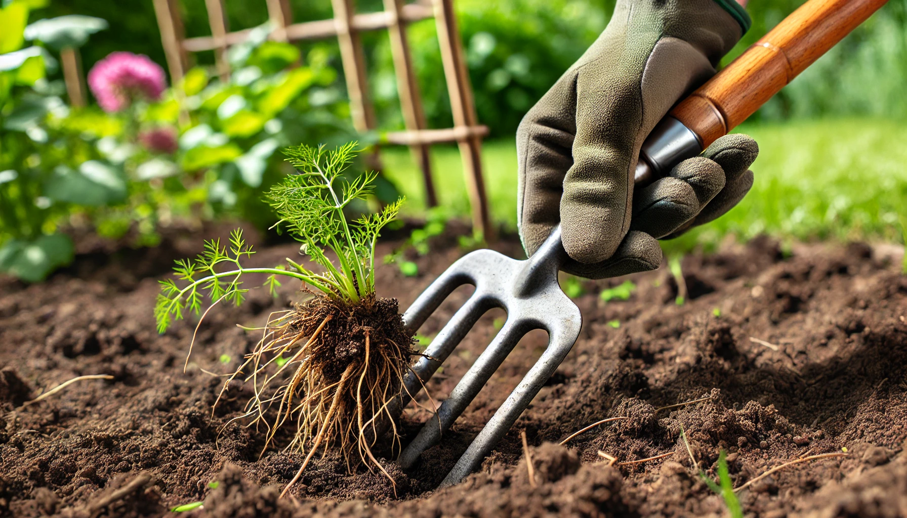 Grabegabel und Unkrautentfernung – Ein Bild, das die Grabegabel beim Entfernen von Unkraut zeigt. Die Gabel greift das Unkraut an der Wurzel, und das entfernte Unkraut liegt neben der Gabel auf dem Boden.