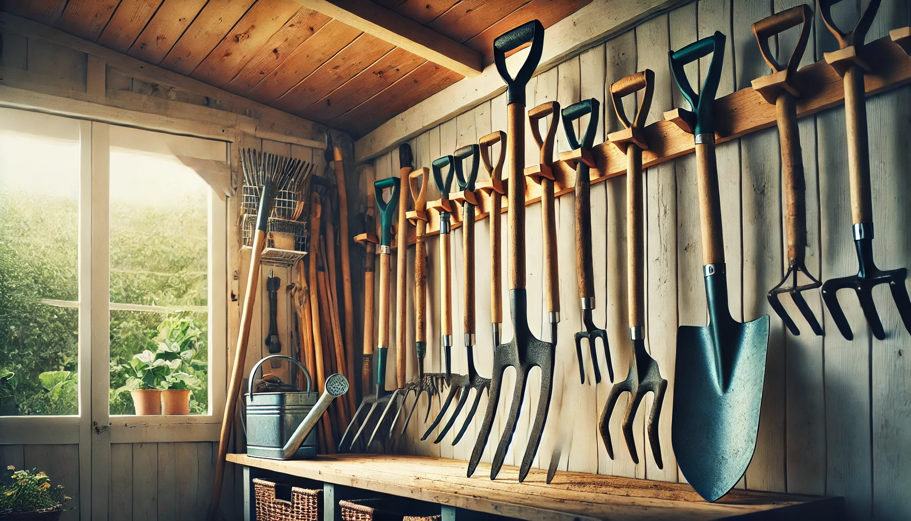 Lagerung von Gartengeräten, einschließlich einer Grabegabel – Ein Bild, das einen gut organisierten Gartenschuppen zeigt, in dem verschiedene Gartengeräte, darunter auch eine Grabegabel, ordentlich an der Wand hängen. Der Raum ist sauber und aufgeräumt, was eine einfache Lagerung und Pflege der Werkzeuge ermöglicht.