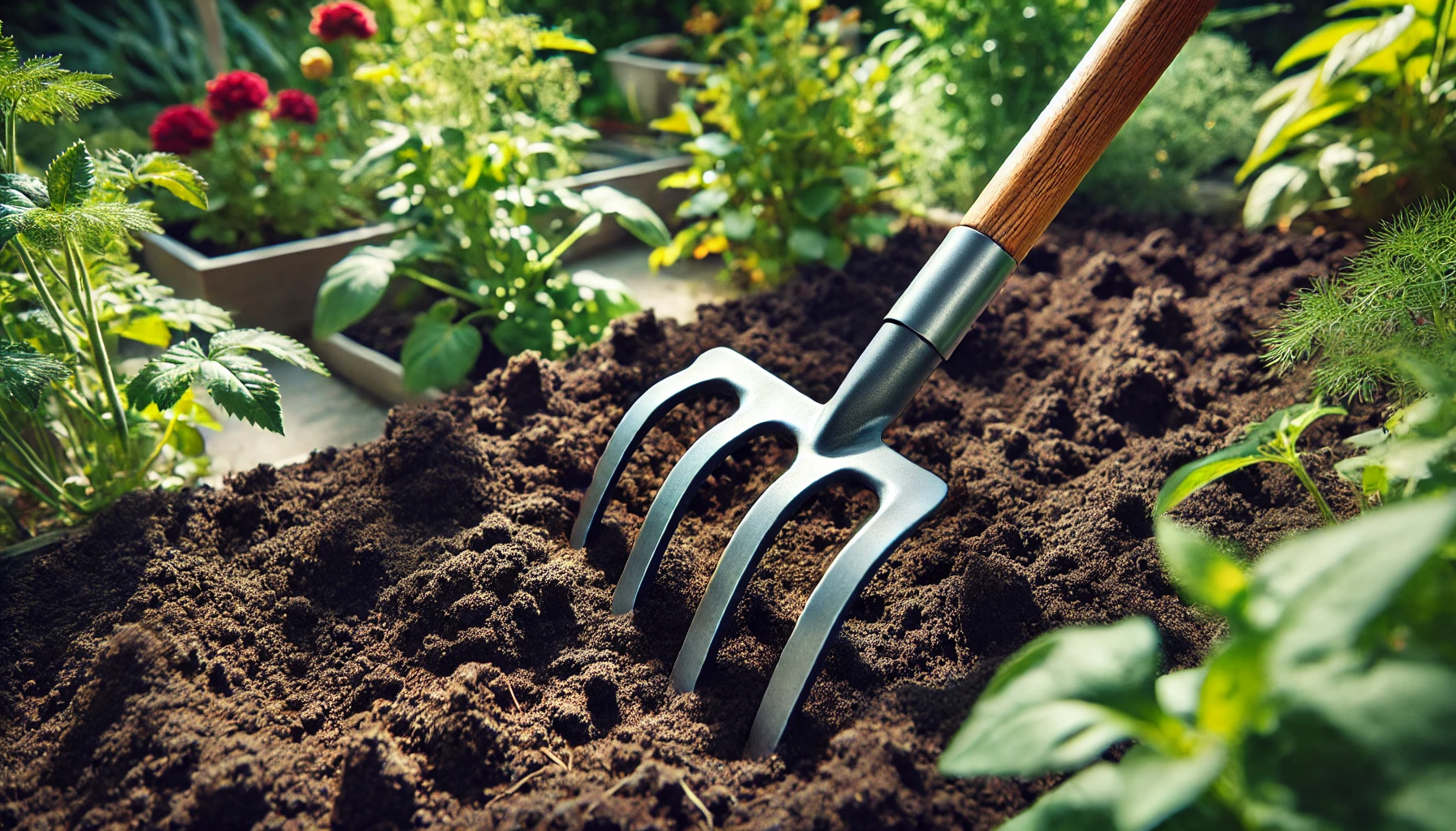 Grabegabel im Einsatz im Garten – Ein Bild, das eine Grabegabel zeigt, die in einem Gartenbeet verwendet wird, um den Boden aufzulockern. Die Zinken der Gabel dringen tief in den Boden ein, während die Umgebung ein gepflegtes Gartenbeet mit grünen Pflanzen zeigt.