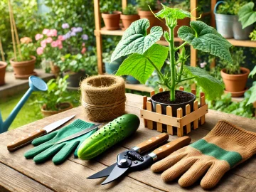 Werkzeuge zum Ausgeizen von Gurken – Eine Übersicht über die wichtigsten Werkzeuge zum Ausgeizen, einschließlich einer scharfen Schere und Handschuhen. Die Werkzeuge liegen ordentlich auf einem Gartentisch neben einer Gurkenpflanze.