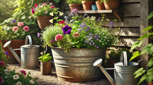 Eine alte Zinnwanne, die als Pflanzgefäß im Garten dient. Sie ist mit verschiedenen blühenden Pflanzen wie Petunien und Geranien gefüllt und steht in einem sonnigen Gartenbereich auf einem Kiesbett, umgeben von anderen rustikalen Gartenaccessoires wie alten Gießkannen und einem kleinen Holzregal.