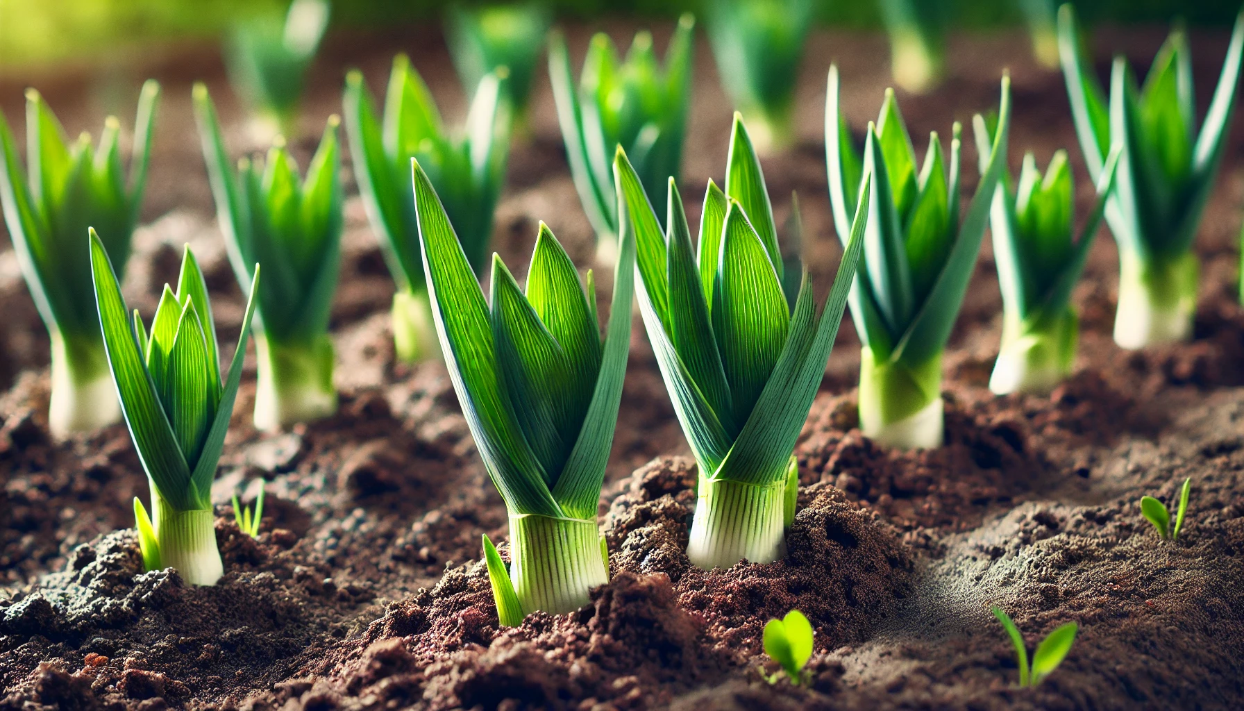 Eine detaillierte Nahaufnahme von jungen Porreepflanzen, die gerade in einem gut vorbereiteten Gartenbeet wachsen. Die Pflanzen sind grün und zeigen ein gesundes Wachstum, während der Boden feucht und locker ist.