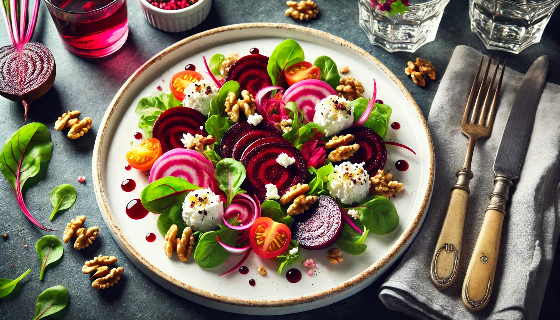 Ein angerichteter Teller mit einem Rote-Bete-Salat, garniert mit Ziegenkäse und Walnüssen, auf einem gedeckten Tisch. Die Farben des Gerichts heben sich vom weißen Teller ab und das Arrangement wirkt einladend und appetitlich.