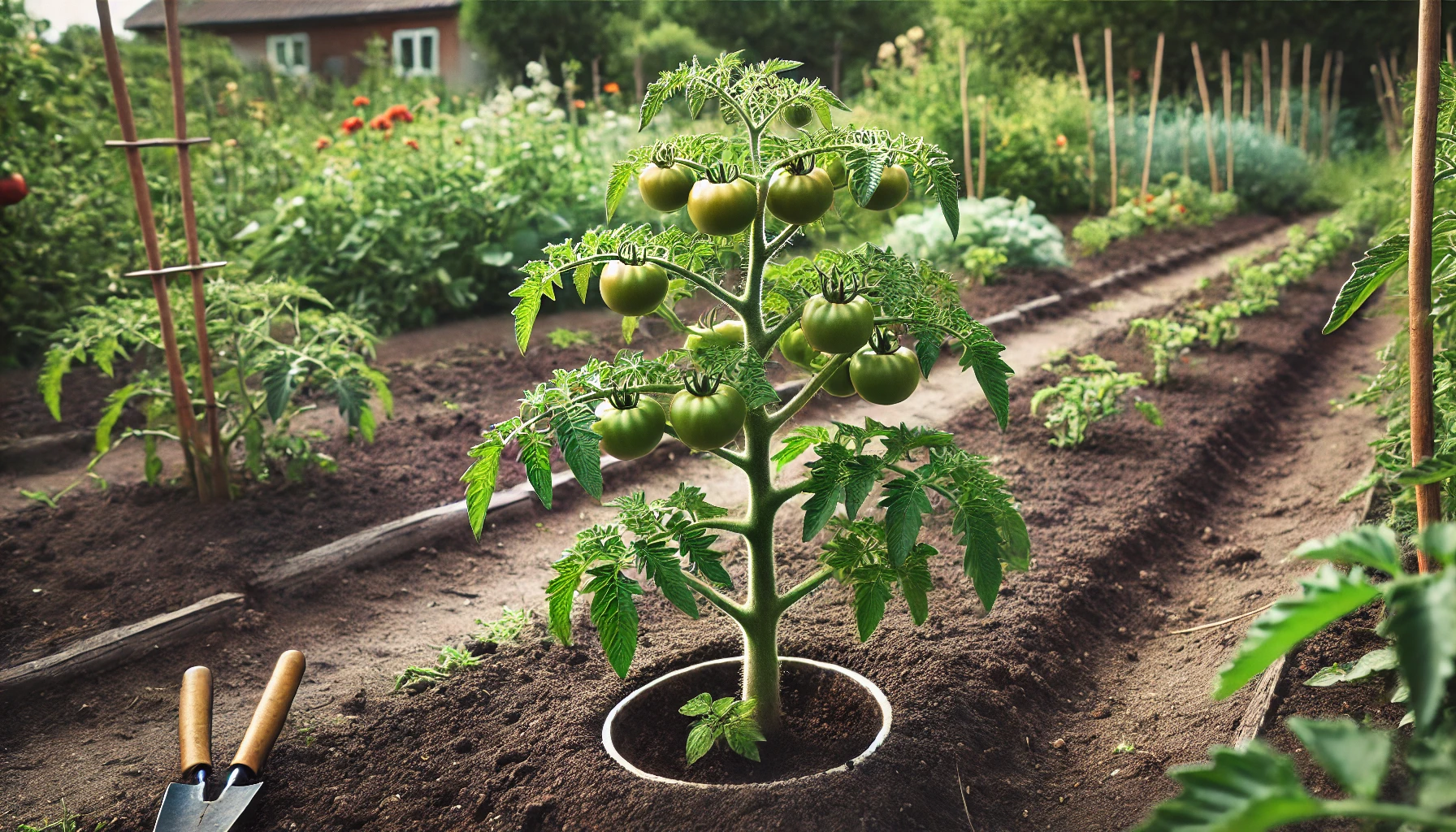 Tomatenpflanze im Freiland nach dem Ausgeizen – Dieses Bild zeigt eine Tomatenpflanze im Freiland, die gerade ausgegeizt wurde. Die Pflanze ist gut belüftet, und die Blätter sehen gesund aus. Der Boden ist feucht und leicht aufgelockert, was auf die gute Pflege der Pflanze hinweist.