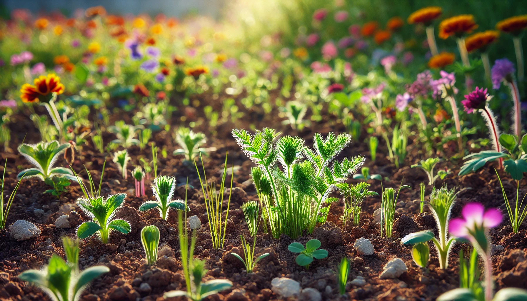 Ein frischer, grüner Teppich von keimenden Wildblumen, der sich über eine sonnige Fläche erstreckt. Verschiedene Blumenarten beginnen zu sprießen, um die Fläche bald in ein buntes Blütenmeer zu verwandeln.