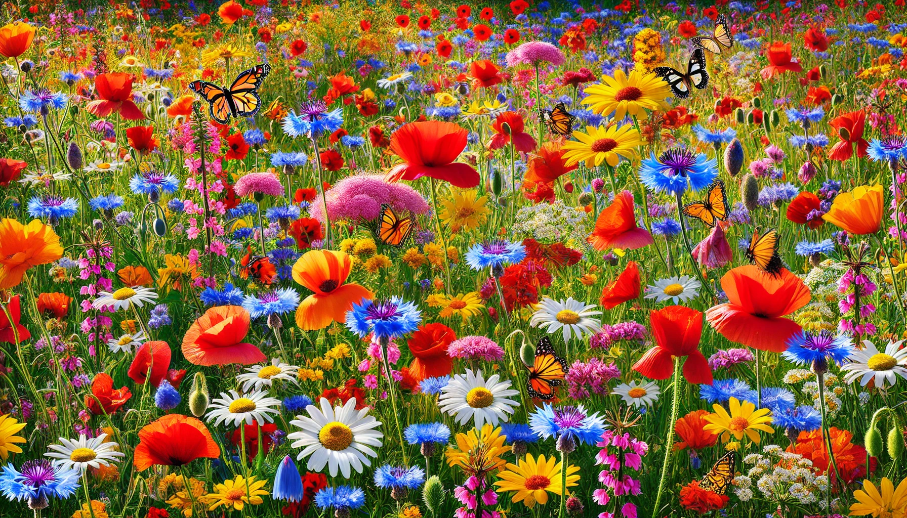 Eine üppige Wildblumenwiese in voller Blüte, mit leuchtenden Farben von Rot, Gelb, Blau und Violett. Bienen und Schmetterlinge fliegen von Blüte zu Blüte und genießen das reiche Nahrungsangebot.